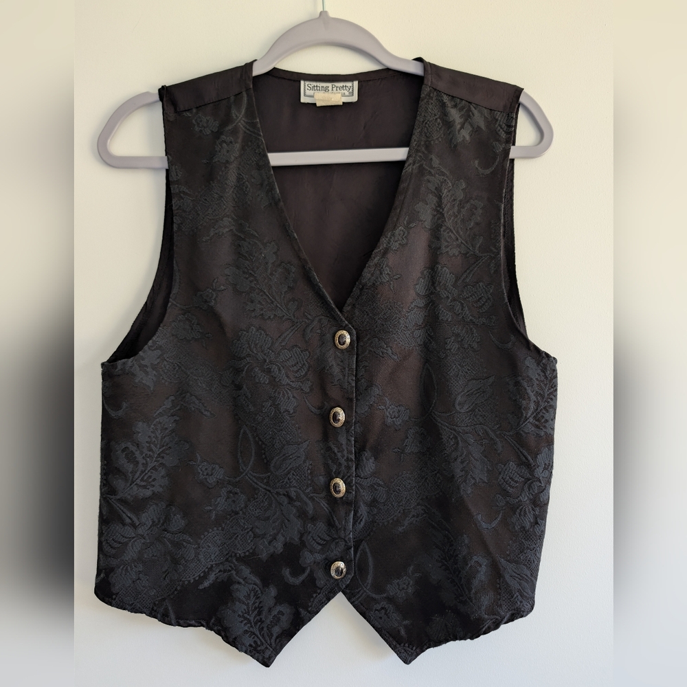 Vintage Sitting Pretty of California Black Satin Vest Women's Medium